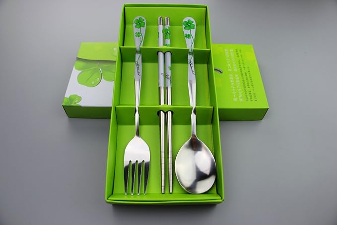 Stainless Steel Teaspoons Dinner Spoon Fork Chopsticks 3pcs Flatware Serving Sets，