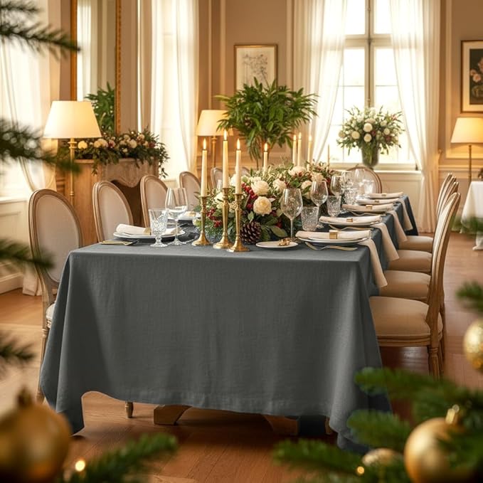 D'Moksha Homes Linen Tablecloth 60 x 90 Inch - 100% Pure Linen Charcoal Grey Tablecloth for Rectangle Tables - Machine Washable Table Cloth for Winter, Christmas, Holiday, New Year