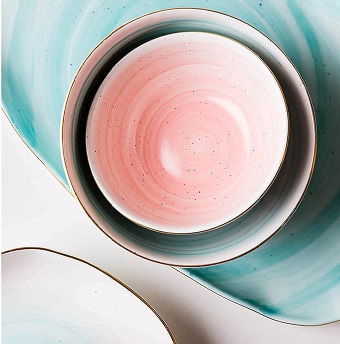 Porcelain Dinnerware Sets Plates and Bowls Sets 8 Pcs Dinnerware Sets, Irregular Porcelain Tableware Set with Plates Dish and Bowls, Pink Blue and White Ceramic Dinner Set