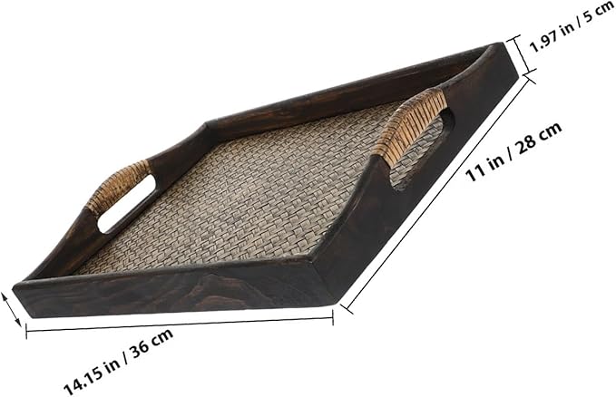 Large Rectangular Wood Tea Tray with Raised Handles, Southeast Asian Style Rattan Woven Serving Tray for Tea Room, Dessert, Fruit Bread, and Beverage Display