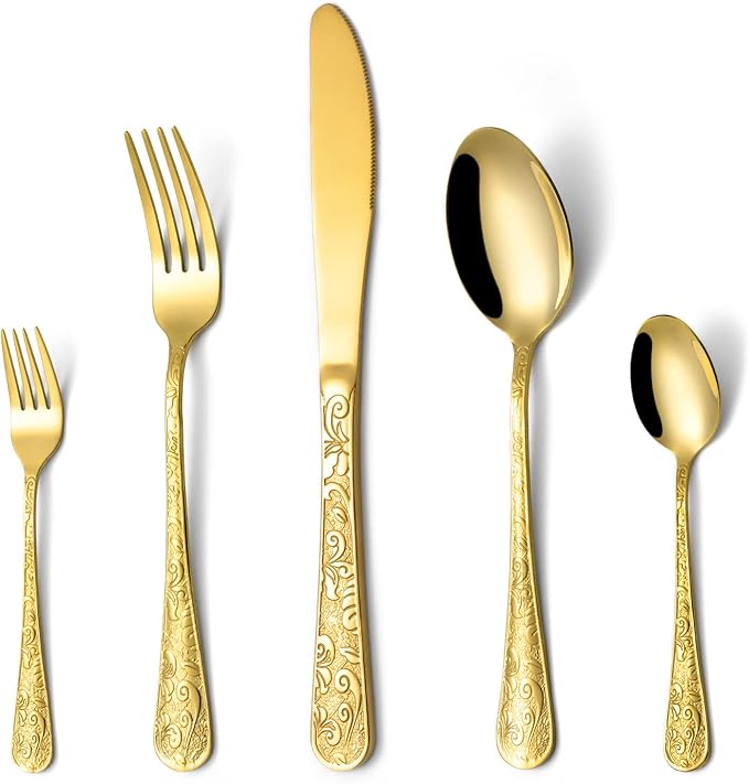 20-Piece Vintage Carved Gold Silverware Set, 18/10 Stainless Steel Flatware Set for 4, LaienLife Mirror Polished Modern Gold Utensils, Including Forks Spoons Knife for Home & Kitchen, Dishwasher Safe
