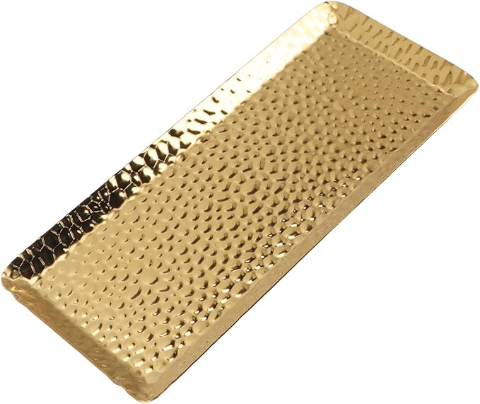 Hammered Trays, 25x11cm/9.8x4.3in Towel Hammered Trays Serving Tray Stainless Steel Multi Purpose Dishwasher Safe Dessert Tray Plate for Home Restaurant Silver (Gold)