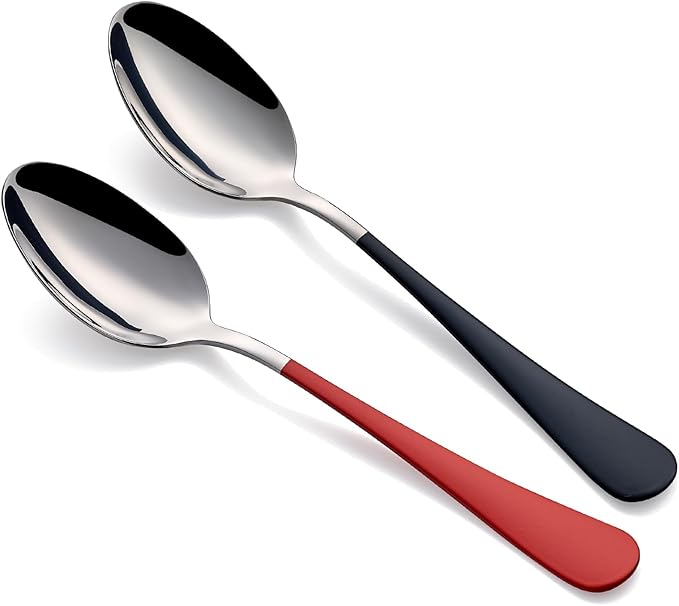 Red and Black Dinne spoons Set 24 Piece,Red and Black Handle Silverware 18/0 Stainless Steel Flatware Bulk 7.3-inch Dessert Spoons Sets Table of 24, Dishwasher Safe