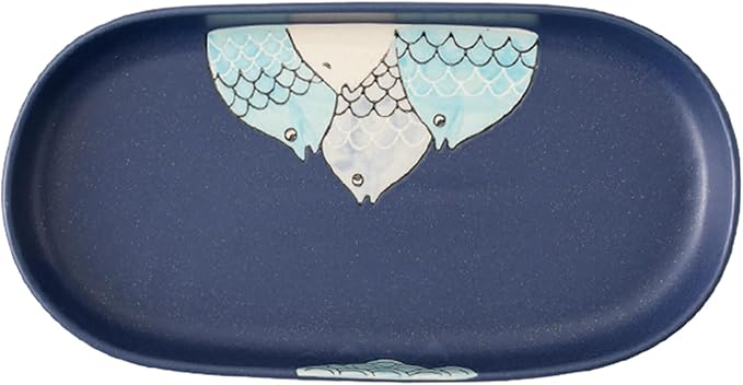 Japanese minimalist home cute cartoon creative ceramic plate - 12 inch fish plate - with dots (blue fish joy)