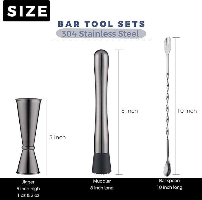 8 Inches Stainless Steel Muddler for Cocktails, Matching Jigger and Bar Spoon with Cocktail Muddler - 3 Pcs Drink Muddler for Cocktails