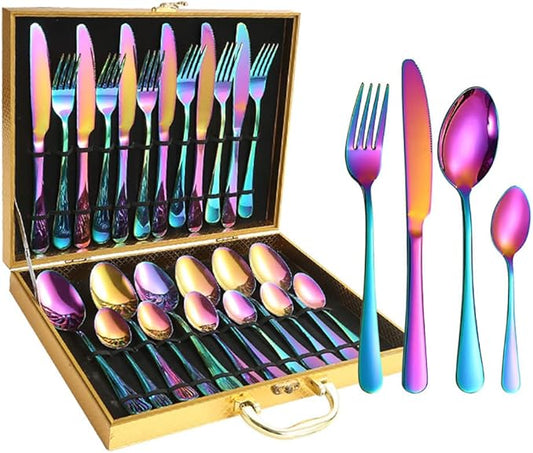 Gift Box 24pcs Set Cutlery Dinnerware 410 Stainless Steel Flatware Set Tableware Suit Dinner Spoon Fork Knife Flatware Serving Sets (Multicolor)