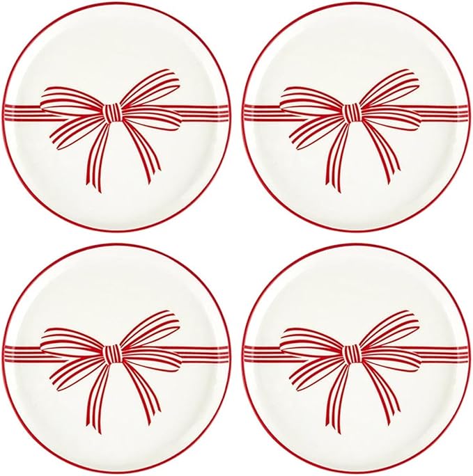 Santa Barbara Design Studio Appetizer Plate Set White Ceramic Small Plates, 5.25" Diameter, Red Bow, 4-Count