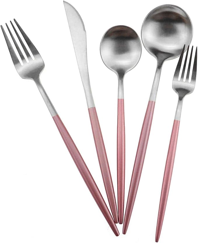 Gugrida Luxury Flatware, Royal 20 Piece Matte Pink Handle 18/10 Stainless Steel Tableware Sets for 4 Including Forks Spoons Knives, Camping Silverware Travel Utensils Set Cutlery (Pink Silver)