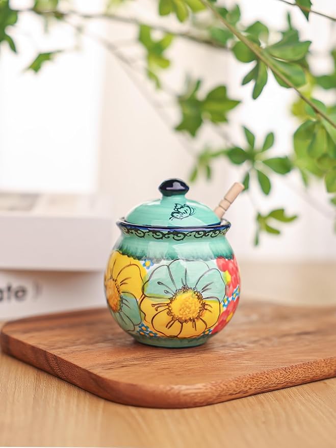 silesia Handmade Ceramic Honey Jar with Lid, 8 oz Floral Design Honey Pot with Dipper, Hand-Painted Honey Containers for Honey, Jam, or Syrup, Dishwasher Safe (Flowers Green)