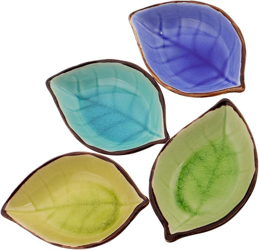Healifty 4pcs Leaf Ceramic Appetizer Plates Crackle Glaze Porcelain Dipping Dishes Multi-functional Condiment Bowls for Serving Sauces Snacks Sushi and Desserts
