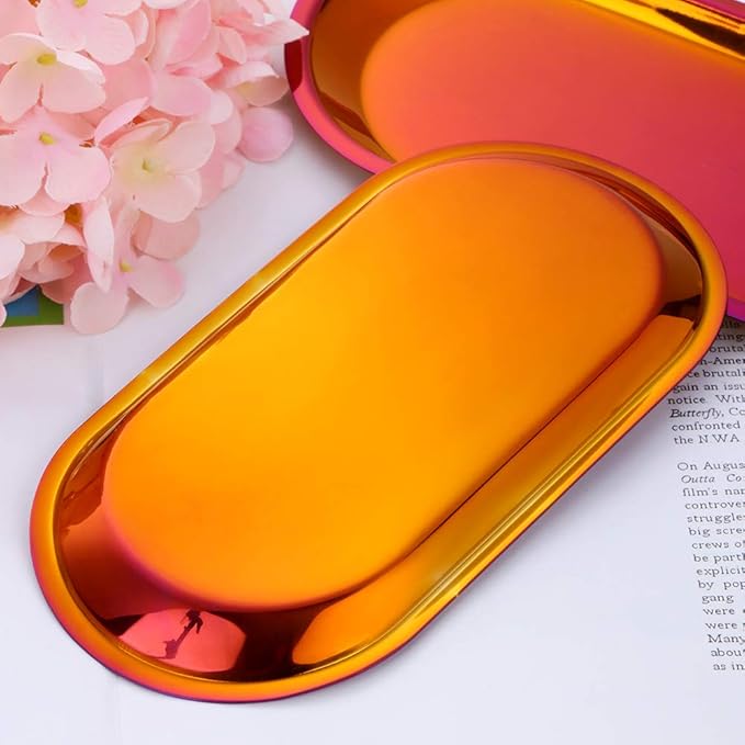 Buyer star Orange Red 2PCS 7.3inch Stainless Steel Oval Tray Fruit Trays Storage Tray Dish Plate Cosmetics Jewelry Decorative Organizer