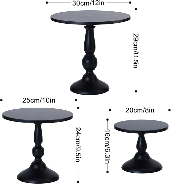 Set of 3 Black Cake Stands, QENUIITEA Metal Round Cake Holder Dessert Pie Pizza Display Stand 8" 10" 12" Serving Tray Halloween Decoration for Wedding Celebration Party Birthday Baby Shower