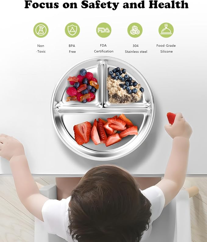 Stainless Steel Kids Plates 3 Packs, Deepened 9" Portion Control Plate Divided Plate for Toddlers Bigger Appetite, Non Toxic Unbreakable Metal Lunch Dishes