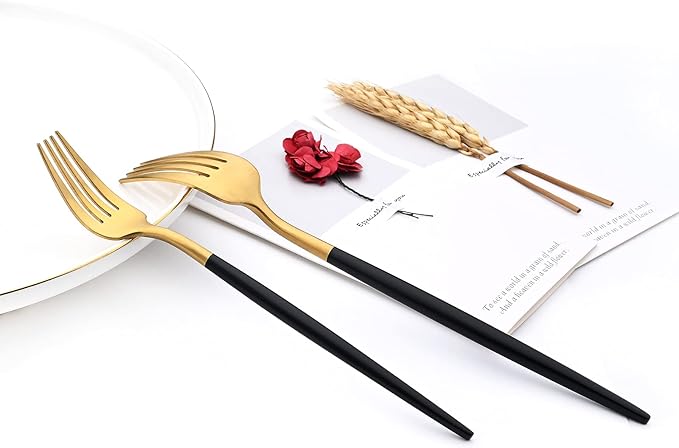 24-piece Snplowum Matte Gold Tableware, 18/10 Stainless Steel Utensils Heavy Serving Set With Black Handle For Dinner & Dessert Home Restaurant Flatware Set, Service For 4 (Black Gold)