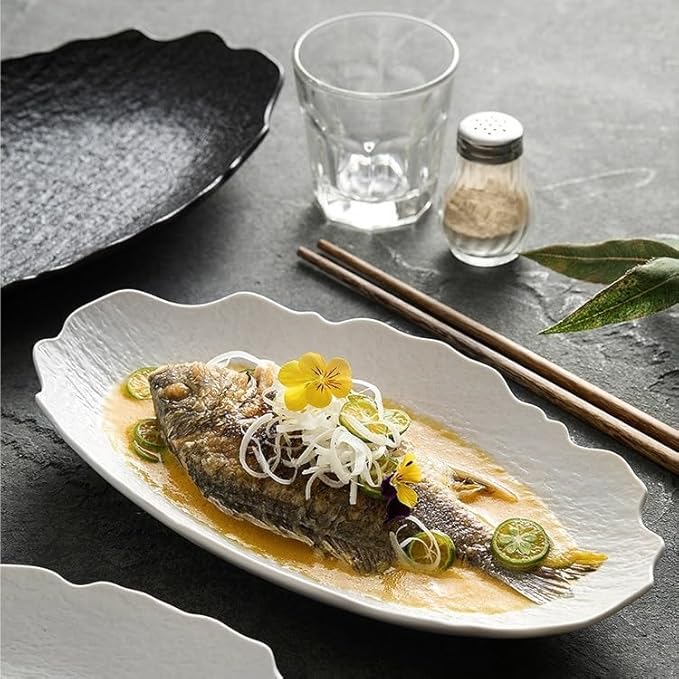 Dessert Plates Creative Stone Fish Plate Tableware Household Steamed Modern Ceramic Simple Dish Dinner Tableware(White,10.5inch)
