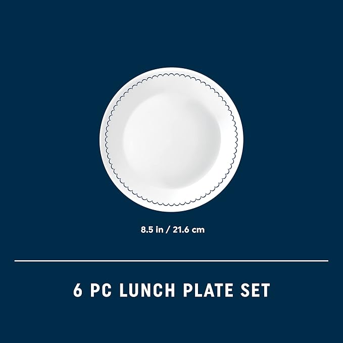 Corelle 6-Piece 8.5" Lunch Round Plates, Vitrelle Triple Layer Glass, Lightweight Round Plates, Salad Plates, Chip and Scratch Resistant, Microwave and Dishwasher Safe, Caspian