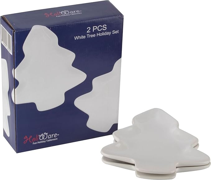 Holiday Ceramic Dinnerware Set - 2 Snow White Tree Dinnerware Service Set/Candy Dish- Fun Party Set - Oven, Microwave Safe