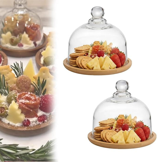 Charcuterie Snow Globe Container, Individual Snow Globe Charcuterie Board, Mini Wood Cake Stand with Dome Lid for Cookie, Pastries, Cupcake, Suit for Outdoor Snack Packing Open Houses Gatherings(2pcs)