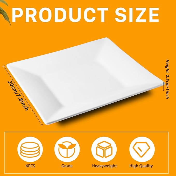 7.8 Inch Appetizer Plates, 6 Pack Porcelain Square Dinner Plates, Square Serving Plate, Serving Dishes for Steak, Snacks, Salad,Pasta, White
