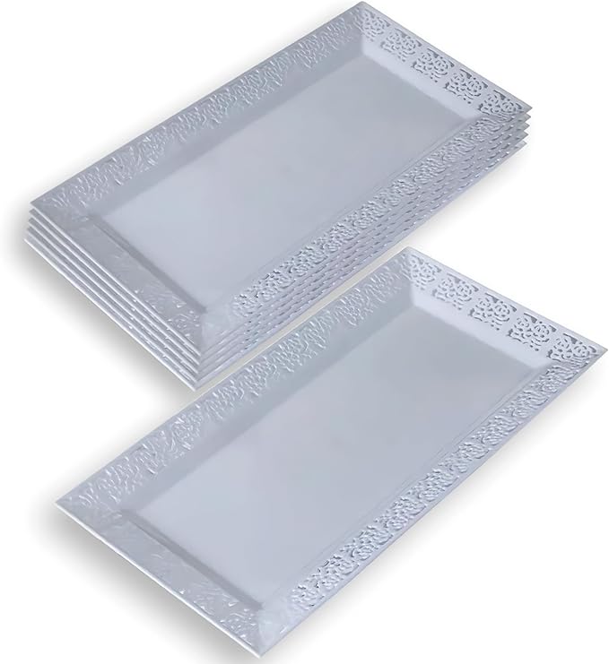 Silver Spoons White Plastic Rectangular Trays with Lace Rim - 14" x 7.5" (Pack of 6) - Perfect for Parties, Weddings & More