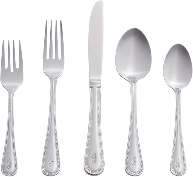 RiverRidge Monogrammed Beaded Flatware Set - J - 46-Piece Silverware with Custom Letter Stamp, 18/0 Stainless Steel Utensils Set for Daily Use & Special Occasions - Dishwasher Safe, Versatile Design