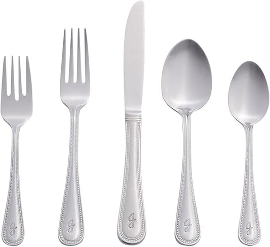 RiverRidge Monogrammed Beaded Flatware Set - J - 46-Piece Silverware with Custom Letter Stamp, 18/0 Stainless Steel Utensils Set for Daily Use & Special Occasions - Dishwasher Safe, Versatile Design