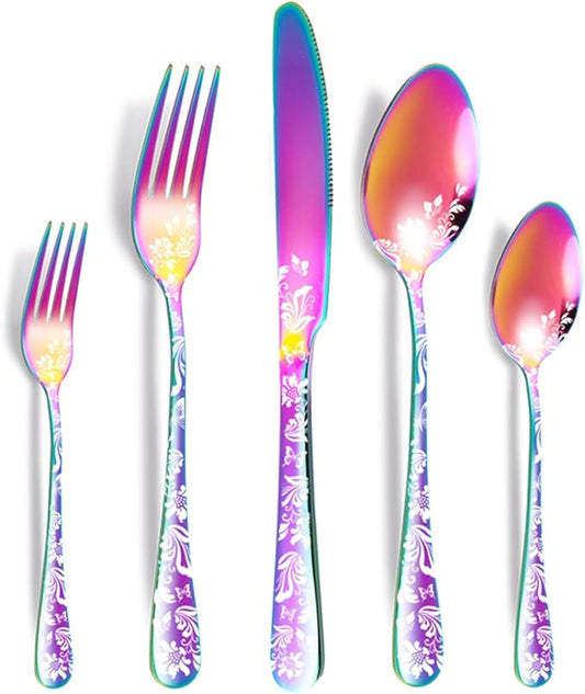 XIAOYU 5 Pieces Silverware Set, Black Flatware Set, Stainless Steel Mirror Polished Cutlery Set, Spoons Forks Knives Set with Unique Floral Laser, Rainbow