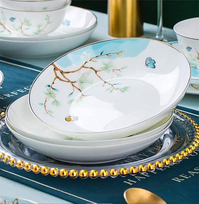 60 Pieces Bone China Dinnerware Set White Magnolia Blossom Pattern Chinese Ceramic Bowl Dish Plate and Disk Set