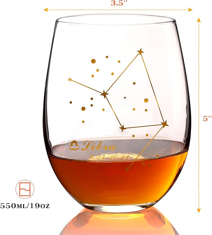 HOHY Libra Zodiac Wine Glass 20 Oz, Libra Zodiac Birthday Horoscope Gifts for Women, Birthday Wine Glass Astrology Constellation Christmas Gifts for Women, Constellation Wine Glasses Golden