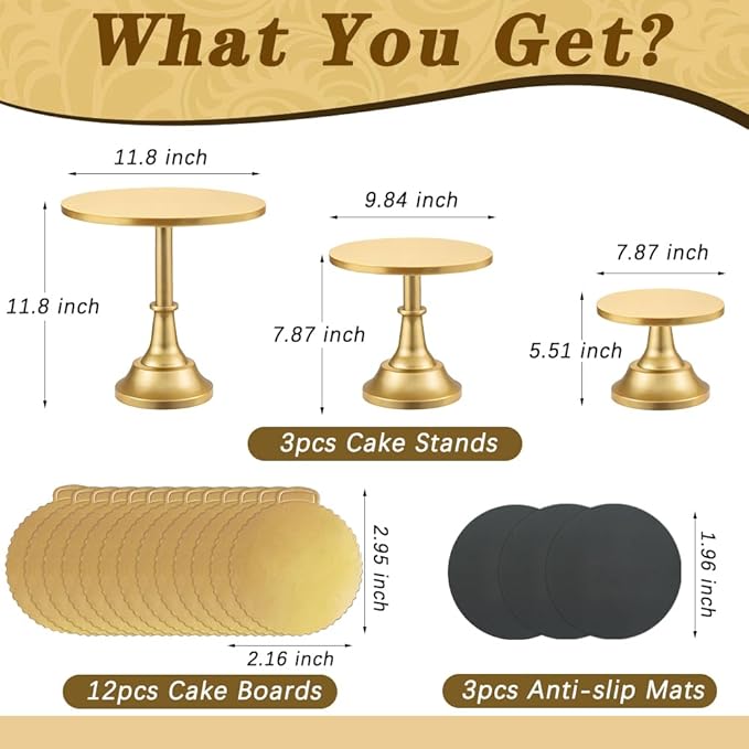 3 Pcs Cake Stand with 20Pcs Cakeboard Round, Cake Stand Set Disc Diameter 8" 10" 12", Perfect Dessert Table Display Set, Cupcake&Cake Stands for Party, Wedding, Birthday (Gold)