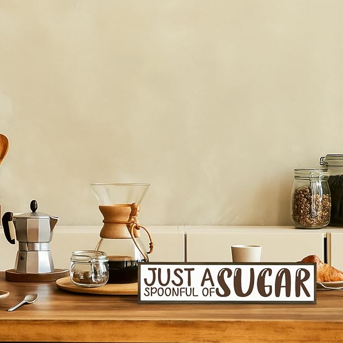 Rustic Wooden Coffee Decor, Just A Spoonful Of Sugar Sign - Whimsical Sweet-Themed Decor, Gift for Dessert Lovers, Wall/Tabletop Accent for Kitchen, Farmhouse Tiered Tray Sign
