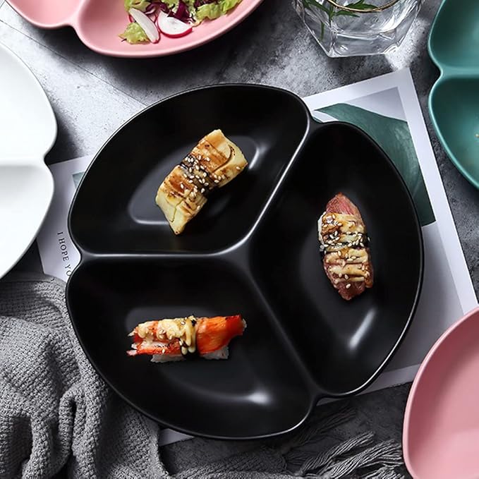 3- Compartment Tray Ceramic Serving Plate Snack Storage Container Fruit Plate Serving Dish Appetizer Plate-Black