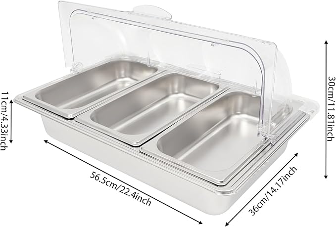 3 Pan Stainless Steel Food Serving Tray, Countertop Food Serving Display Container with Clear Roll Top Cover & Buckles, Buffet Food Display Container for Buffets, Parties, Hotels, Weddings