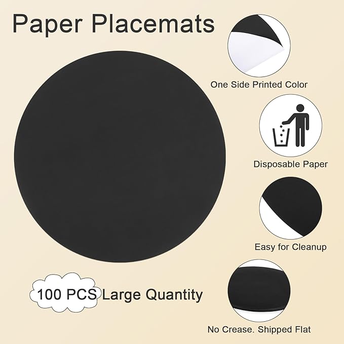 SHACOS 100 PCS Round Paper Placemats 13 inch Disposable Paper Place Mats for Dinner Wedding Birthday Party Festival Table Decoration Indoor Outdoor, Black (Pack of 2)