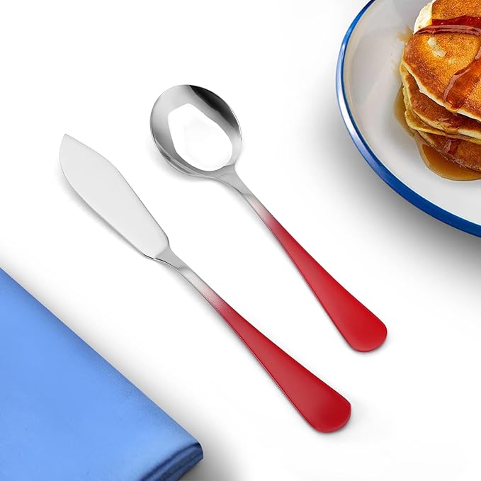 Bysta Serving Utensils Set, Gradient Red 5-Piece Hostess Set, Stainless Steel Silverware Flatware Cutlery Serving Set, Mirror Finish, Dishwasher Safe
