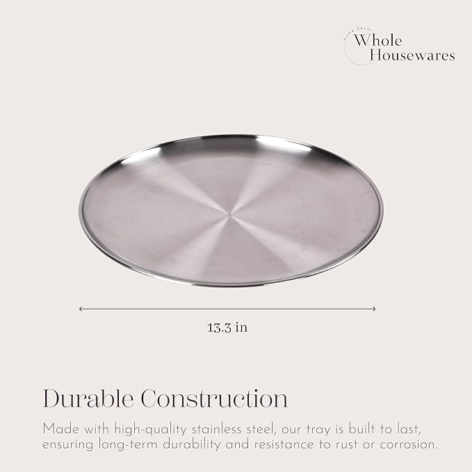 WHOLE HOUSEWARES Metal Serving Tray - Round Silver Serving Tray - Circular Metal Platter - Cocktail Serving Bar Tray - Chrome-Plated Steel Tray for Coffee Table - 13.3 x 0.4 inches