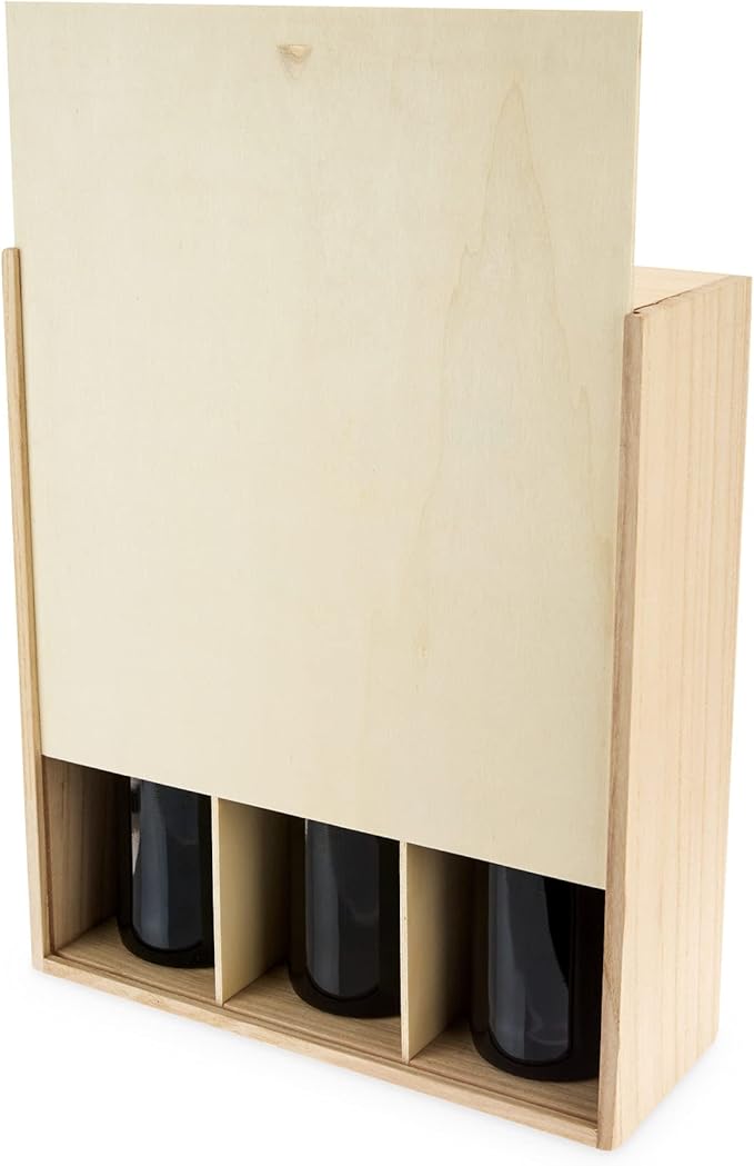 Twine Paulownia Wood Wine Box with Sliding Lid, Fits 3 Standard Wines or Champagne Bottles, Festive Wine Gift Box with Packing Straw for Holidays, Celebrations, Parties, Housewarming Gifts