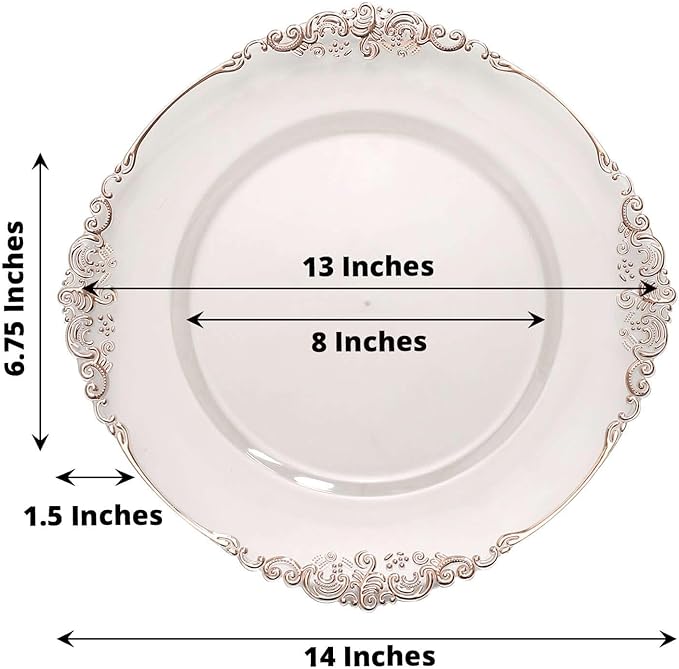 13" Charger Plates -Set of 12 - Acrylic Clear Rose Gold Round Baroque Disposable Chargers Leaf Embossed Rim, Ideal for Dinner Party Wedding Bulk Events