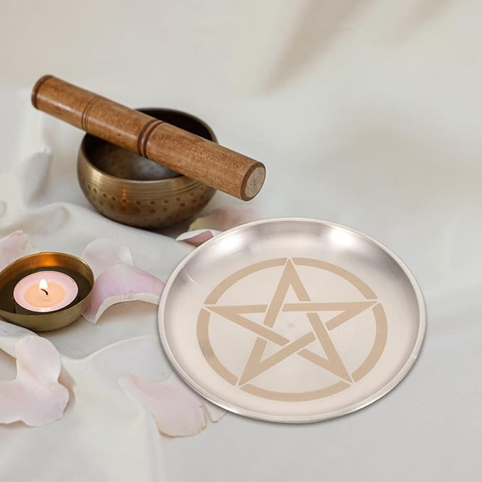 Pentagram Altar Ritual Plate Dish Flat Bowl Burning Candle Holder Offering Fruit Tray Metal Jewelry Tray Food Snack Dish Decorative Platter for Smudging Silver