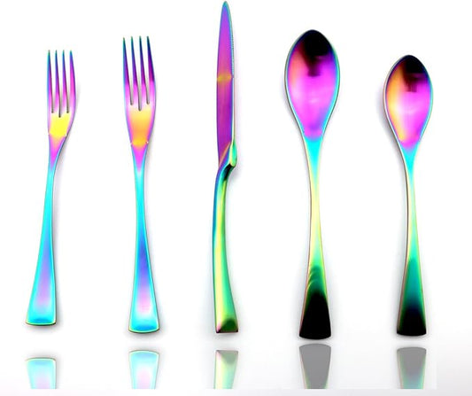 JASHII 20-Piece Iridescent Luxury Flatware Set Silverware Sets | 18/10 Stainless Steel Dinnerware Set | Utensils Service For 4 | Matte Rainbow Tableware,Dinner Knife Fork w/DINNER DESSERT Spoon