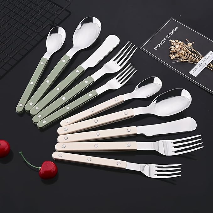 JASHII Silverware Flatware Set 20 Pieces Stainless Steel With Rivet Retro Cutlery Set Knife Fork Spoon Set Service for 4 for Home Restaurant Wedding - Beige Handle