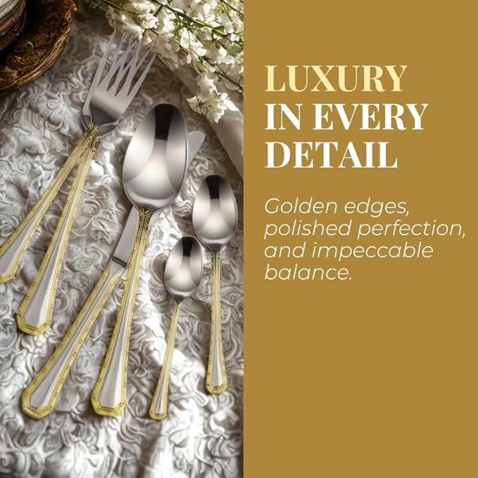 18/10 Stainless Steel Flatware Set - 20pc Italian Collection Style Tableware with Gold Geometric Border - Elegant Design for Home and Kitchen Use - Ideal for Wedding Gifts (Damascus (20 Piece)