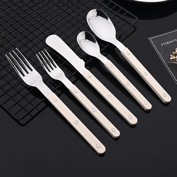 JASHII Silverware Flatware Set 20 Pieces Stainless Steel With Rivet Retro Cutlery Set Knife Fork Spoon Set Service for 4 for Home Restaurant Wedding - Beige Handle