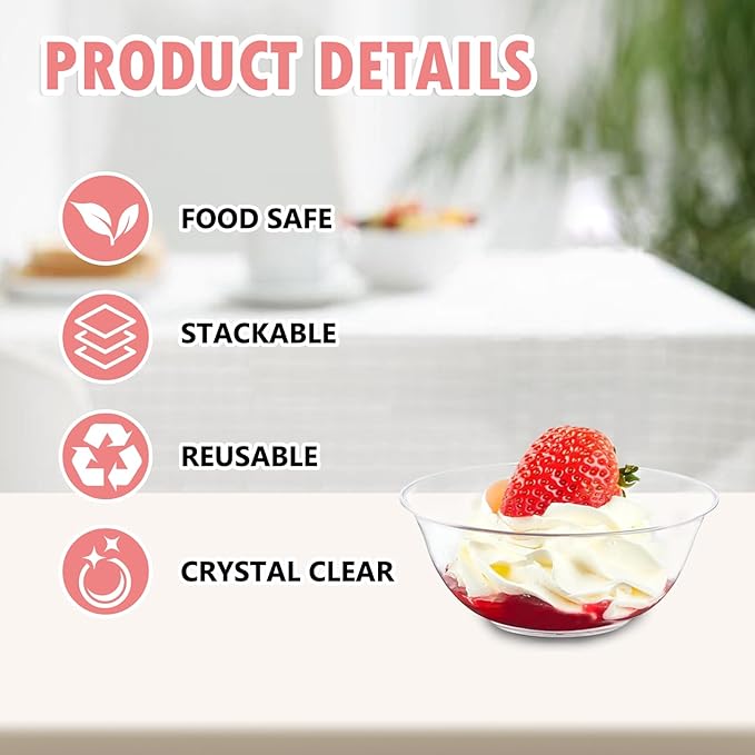80 Pack 6 oz Clear Plastic Bowls, Disposable Salad Serving Bowls for Soup Fruit Snack Appetizer Parfait, Small Durable Ice Cream Dessert Bowls for Home Kitchen Wedding Catering Party Supplies