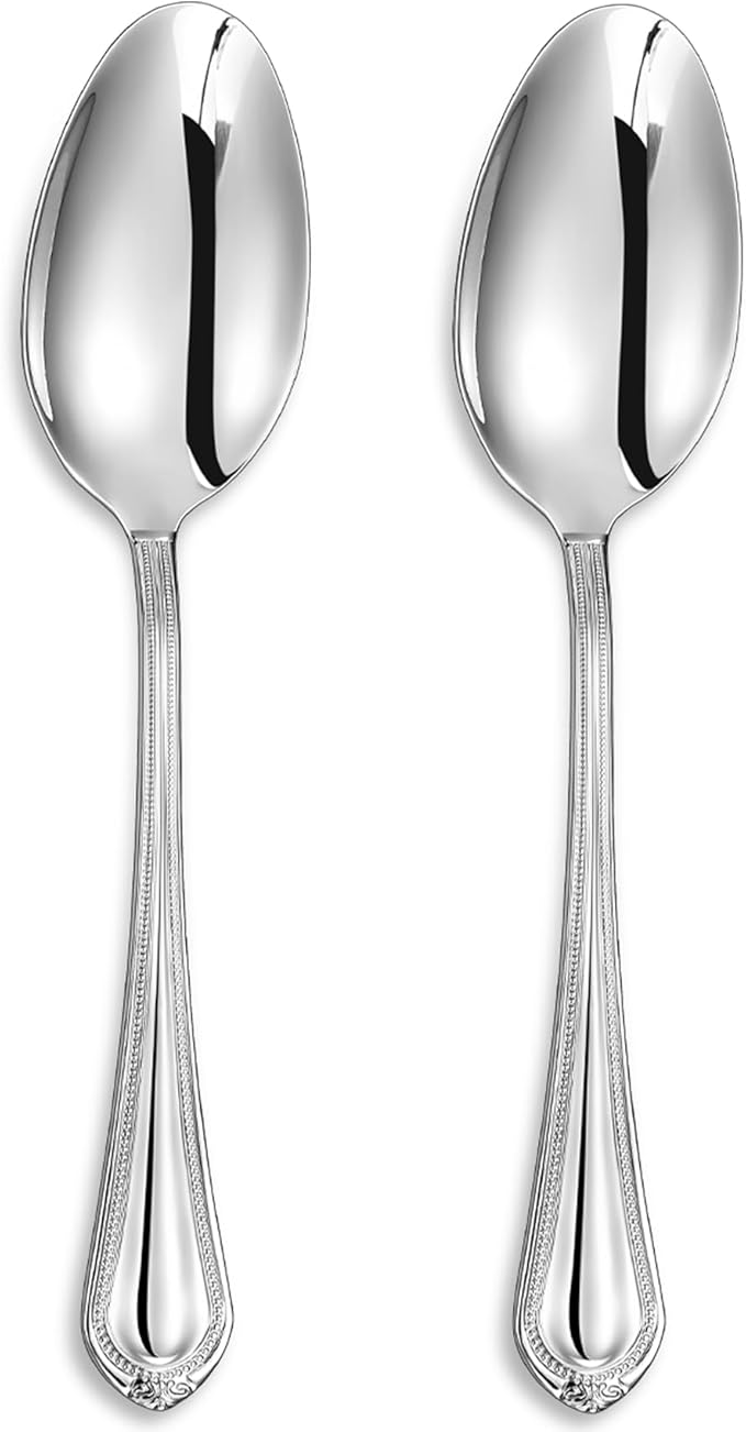 KEAWELL Pearl Edge Premium Serving Spoon Set, 18/10 Stainless Steel, 9" Fine Hostess Utensils with Refined Bead Design, Brightly Polished, Dishwasher Safe (2 Serving Spoons)
