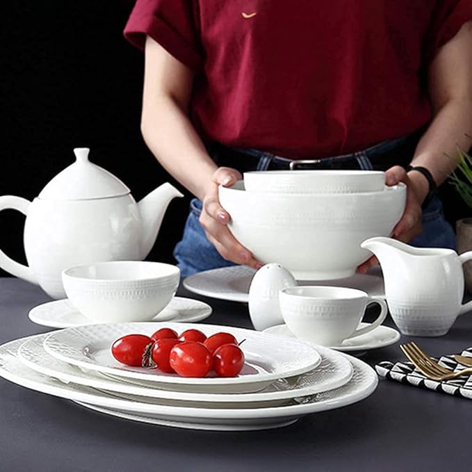 48 Pieces Dinnerware Sets, White Ceramics Dinner Sets, Complete Porcelain Combination with Plates, Bowls, Mugs, Coffee Cups and Tea Pot, Microwave Safe, Service for 6 Per