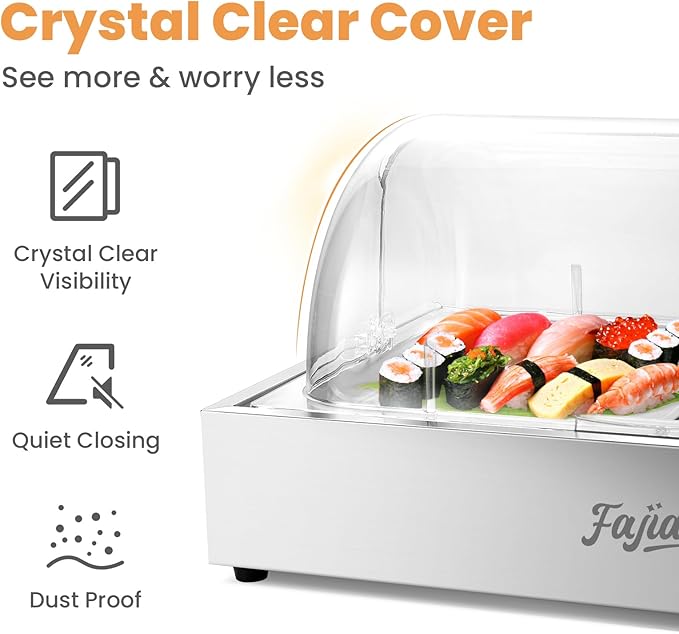 Ice Food Serving Display Tray, Cold Serving Plate with Clear Roll Top, 5QT Stainless Steel Food Serving Tray, Cooling Food Dishes Display Plate for Home, Buffet, Restaurant, Party