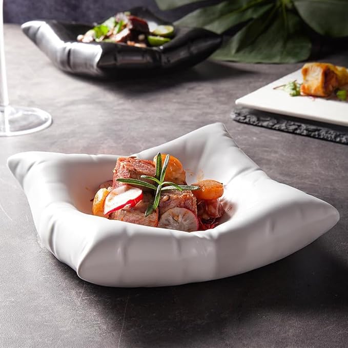 8 Inch White Ceramic Square Dinner Plate, Creative Appetizer Plates for Wedding Kitchen Party Decor, Fun Pillow-Shaped Dessert Plates for Salad, Bread, Fruit