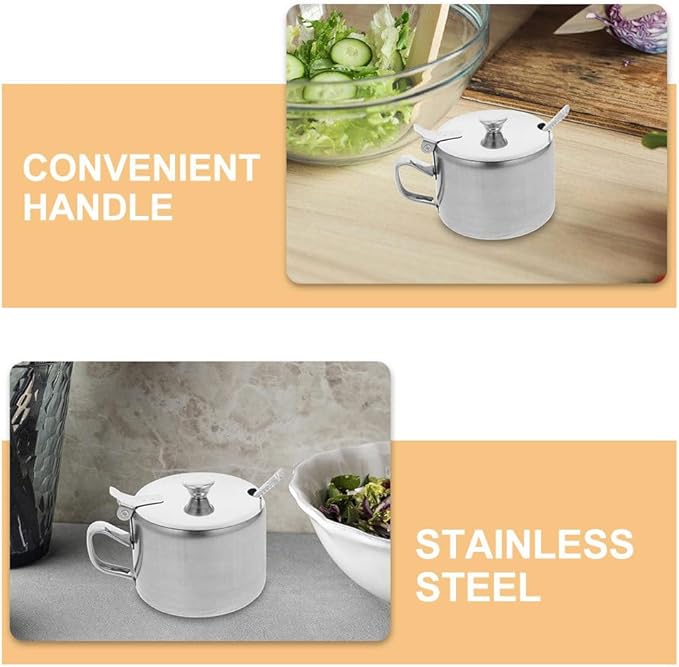 3 Set Stainless Steel Sugar Bowls with Spoons And Handles, Multi-use Condiment Jars for Sugar, Salt, Pepper, Seasoning, Kitchen Counter Storage And Dining