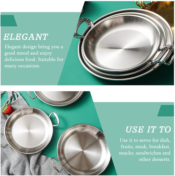 Ciieeo Metal Tray Stainless Steel Round Plate Dish Dessert Plate with Double Handles Snack Appetizer Tray Noodle Bowl Salad Serving for Home Restaurant Camping Silver